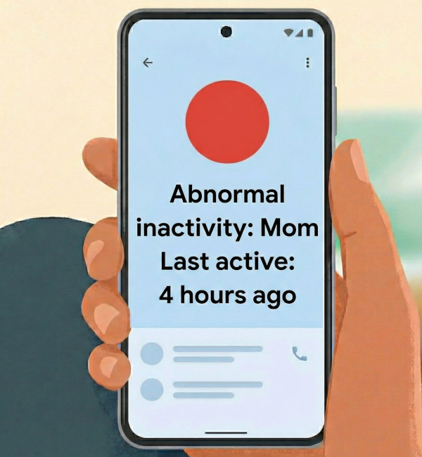 Phone showing red alert for abnormal inactivity from Mom, last active 4 hours ago